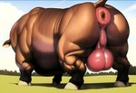 absurd_res anus balls benjohnson big_balls bodily_fluids bovid bovine butt cattle feral field genitals hi_res hooves male mammal muscular muscular_feral muscular_legs outside puffy_anus rear_view solo sweat