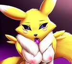 anthro blue_eyes breasts countershading digimon_(species) facial_markings female fluffy fluffy_tail fur head_markings mammal markings neck_tuft nipples open_mouth renamon seductive simple_background solo tongue tongue_out tuft white_body white_countershading white_fur yellow_body yellow_fur