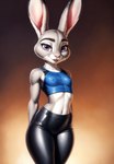 anthro bra clothing disney ears_up erect_nipples female latex_pants looking_at_viewer nipple_outline nipples slim smile solo sports_bra tight_clothing underwear hank94_(director) zootopia judy_hopps lagomorph leporid mammal rabbit hi_res