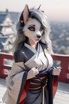 anthro asian_clothing canid canid_demon canine clothed clothing demon east_asian_clothing female hellhound japan japanese_clothing kimono looking_at_viewer loona_(helluva_boss) mammal photorealism solo