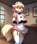 anthro blush bulge clothed clothing crossdressing embarrassed fur garter_straps hair highlights_(coloring) inside legwear maid_uniform male panties pink_highlights solo stockings thigh_highs twokinds underwear uniform anontk clovis_(twokinds) canid canine fox mammal hi_res