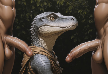 anthro balls clothed clothing female genitals group imminent_oral imminent_sex male male/female partially_clothed penis trio hyperion human kobold mammal