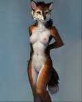 anatomically_correct anthro black_nose blue_eyes brown_body brown_fur canid canine chest_tuft detailed female fluffy fluffy_tail fur genitals hair hand_on_hip hughte inner_ear_fluff looking_away mammal mane neck_tuft nipples painting pink_nipples pose pussy realistic short_hair simple_background solo standing tail tuft white_body white_fur