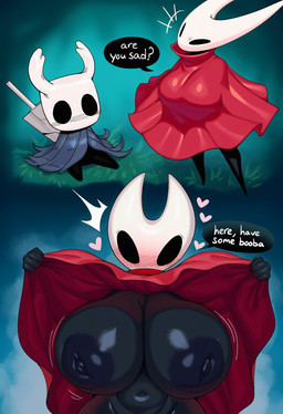 <3 anthro areola big_areola big_breasts big_nipples black_body blush breasts clothed clothing dialogue duo erect_nipples fecharis female genitals huge_breasts larger_female male nipples puffy_areola size_difference text weapon hellsonger hollow_knight team_cherry hornet_(hollow_knight) protagonist_(hollow_knight) arthropod insect 2025 english_text hi_res