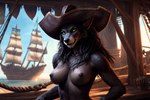 anthro areola big_breasts black_body black_fur blizzard_entertainment breasts female front_view fur green_eyes looking_at_viewer mostly_nude nipples pirate_hat sea ship solo vehicle warcraft water watercraft world_of_warcraft kauket kauket_blackmoore canid canine mammal were werecanid werecanine worgen