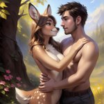 absurd_res anthro breasts canineluvr19 cervid chest_tuft clothed clothed/nude clothed_male_nude_female clothing deer_ears deer_nose duo embrace facial_hair female fur hair hi_res hug human human_on_anthro interspecies long_hair male male/female mammal markings nude outdoor_nudity outside romantic romantic_couple scut_tail seductive shirtless_male short_tail spots spotted_body spotted_fur spotted_markings topless topless_male tuft