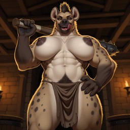 abs anthro areola bedroom_eyes biceps big_breasts black_areola black_nipples black_nose body_hair bottomwear breasts brown_areola brown_body brown_fur brown_nipples casual_exposure chest_tuft claws clothed clothing club_(weapon) confident crotch_tuft dominant dominant_female dungeon fangs female finger_claws fingers fur gloves_(marking) gynomorph hair hand_on_hip hand_on_own_hip happy_trail holding_object holding_weapon huge_breasts inside intersex licking licking_lips loincloth loincloth_only looking_at_viewer looking_down low-angle_view markings melee_weapon mohawk multicolored_body muscular muscular_anthro muscular_arms muscular_female muscular_gynomorph muscular_intersex muscular_thighs narrowed_eyes navel nipples open_mouth pubes public public_exposure seductive self_lick sharp_teeth smile solo spots spotted_body spotted_fur standing tan_body tan_fur teeth thick_thighs tongue tongue_out topless topless_female torch tuft weapon yellow_eyes unknown_director gnoll hyaenid mammal spotted_hyena hi_res
