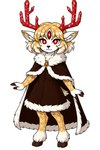 anthro antlers cloak clothing female fingers fluffy furcifer_(veprem) hooved_fingers hooves horn looking_at_viewer magic multi_eye runes short_stack simple_background solo winter_clothing director_veprem capreoline cervid demon mammal reindeer hi_res