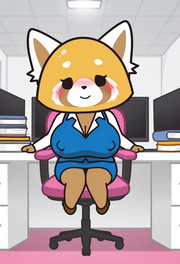 anthro big_breasts blush blush_lines book bottomwear breasts chair cleavage clothed clothing computer_monitor female footwear fur furniture huge_breasts hyper hyper_breasts inside looking_at_viewer nipples office office_chair office_clothing shirt shoes smile solo topwear boxen549 aggretsuko sanrio retsuko ailurid hyaenid mammal red_panda hi_res