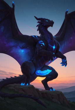 bioluminescence black_body blue_body blue_eyes blue_sclera claws cosmic_body feral genitals glans glowing glowing_genitalia glowing_penis horn looking_at_viewer male membrane_(anatomy) membranous_wings mythology nude penis pupils slit_pupils solo spread_wings standing wing_claws wings mavrek dragon mythological_creature mythological_scalie scalie western_dragon absurd_res hi_res