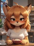 anthro brown_eyes clothing container cup detailed_background fangs female food fur looking_at_viewer orange_body orange_fur shirt solo text topwear white_body director_myrlonel canid canine fox mammal hi_res russian_text