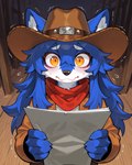 amber_eyes anthro blue_body blue_fur blue_hair clothing cowboy cowboy_hat feral fluffy fluffy_ears fur hair hat headgear headwear long_hair male pose solo tuft alastorgj fell_(fenrir) animal_humanoid canid canine canis humanoid mammal mammal_humanoid wolf hi_res