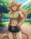 abs anthro athletic athletic_anthro athletic_female bottomwear bra breasts brown_body brown_fur cleavage clothed clothing detailed_background female fur green_eyes gym_bottomwear gym_clothing gym_shorts hair hand_on_hip looking_at_viewer midriff muscular muscular_anthro muscular_female navel outside park plant shorts smile solo sports_bra tattoo tree tuft underwear anontk twokinds king_adelaide canid canine canis felid feline mammal hi_res