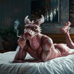 anthro bed bedroom bunny_brewster dragon furniture lying lying_on_bed male nude on_bed on_front red_body red_scales scales smoking solo