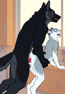 5_fingers anal anal_penetration anthro balls balls_touching black_body black_claws black_fur blue_eyes bodily_fluids claws clenched cum cum_on_balls cum_on_body digitigrade duo eyes_closed fingers from_behind_position fur genital_fluids genitals grey_body grey_fur holding_partner kitchen knot knotting leaning leaning_forward looking_back_at_partner male male/male male_penetrated male_penetrating male_penetrating_male motion_lines open_mouth orgasm_face penetration penis raised_tail red_penis sex shaking size_difference trembling vein veiny_knot white_body white_fur adragocult canid canine felid feline mammal absurd_res hi_res