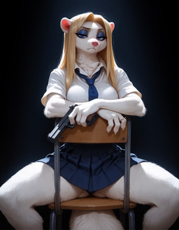 anthro biped blue_eyes bottomwear breasts chair clothing eyeshadow female furniture gun handgun inner_ear_fluff makeup neck_tuft necktie on_chair panties pistol pleated_skirt prick_ears ranged_weapon school_uniform simple_background sitting sitting_on_chair skirt solo tuft underwear uniform weapon anonymous_director invoke_high hi_res