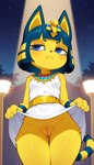 4_fingers anthro belt blonde_hair blue_eyes blue_hair blush bored bottomless bottomwear bracelet clothed clothing clothing_lift dress egyptian egyptian_clothing female fingers fur genitals hair humanoid_genitalia humanoid_pussy jewelry lamp long_ears looking_away multicolored_hair nature night presenting presenting_pussy pussy skirt skirt_lift solo star tuft two_tone_hair two_tone_tail white_clothing white_dress yellow_body yellow_fur kaltingale_(director) animal_crossing nintendo ankha_(animal_crossing) felid feline mammal hi_res