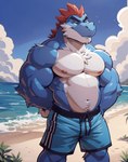 anthro beach blue_body blue_skin clothing hair lifeguard male musclegut muscular muscular_male nipples red_hair seaside shirt sky solo standing toony topwear water kuranoidss dinosaur reptile scalie hi_res