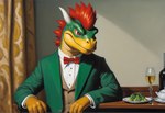 alcohol anthro beverage bowtie clothing container cup curtains drinking_glass food glass glass_container glass_cup green_body green_scales hair horn inside male red_eyes red_hair salad scales sdxl solo suit teapot wine wine_glass yellow_body yellow_scales tkyoprko bowser koopa scalie