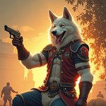 amber_eyes anthro breath city city_background clothing fluffy gloves group gun handwear leaf male muscular muscular_anthro muscular_male panting plant ranged_weapon solo_focus sunset teeth tongue tree weapon white_body b1techienne canid canine canis domestic_dog human mammal nordic_sled_dog samoyed spitz