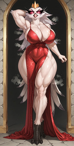 anthro clothed clothing dress female fur red_clothing red_dress solo white_body white_fur surikat helluva_boss stella_(helluva_boss) avian bird demon owl owl_demon hi_res