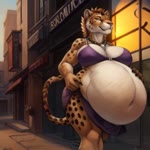 anthro big_breasts breasts clothed clothing female hyper_pregnant pregnant pregnant_female walking jfurryart605 cheetah felid feline mammal animated webm