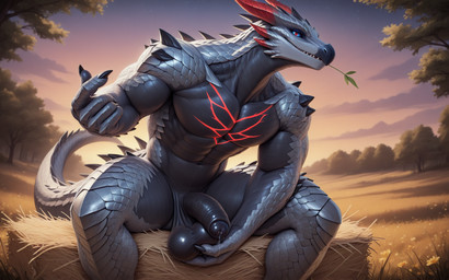 5_fingers abs anthro ball_fondling balls beckoning big_balls big_penis black_balls black_nose black_penis blue_sclera bodily_fluids chest_markings cloud countershading dark_balls dark_body dark_penis field field_background fingers flower fondling foreskin genital_fluids genitals gesture glistening glistening_balls glistening_genitalia glistening_penis grey_body grey_scales half-erect hand_on_own_balls hay hay_bale holding_balls horn huge_balls humanoid_genitalia humanoid_penis leaking_precum leaning leaning_forward looking_at_viewer male markings muscular muscular_anthro muscular_male mythology navel penis plant plant_in_mouth plated_scales precum presenting presenting_balls presenting_penis pupils red_eyes red_horn reverse_countershading saggy_balls scales sitting sitting_on_hay sky slit_pupils solo spikes spikes_(anatomy) star starry_sky sunset tail tree dfy6c capcom monster_hunter dragon elder_dragon mythological_creature mythological_scalie scalie valstrax hi_res