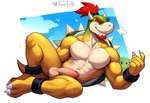abs aged_up anthro balls beckoning biceps blush bodily_fluids bracelet claws cloud erection eyebrows facial_hair feet genitals gesture glans goatee hair horn humanoid_genitalia humanoid_penis jewelry looking_at_viewer lying male muscular muscular_anthro muscular_male navel nude outside pecs penis ponytail red_hair shell smile solo spiked_bracelet spiked_shell spikes spikes_(anatomy) sweat tail teeth text toe_claws yellow_body sergalbutt mario_bros nintendo bowser_jr. koopa scalie signature url