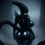 1:1 alien anthro big_breasts big_butt black_body black_exoskeleton breasts butt colored dark_body dark_lighting dark_skin dim_lighting director_joe420 exoskeleton female fog foggy glistening glistening_body glistening_breasts glistening_butt glistening_skin hi_res long_tail looking_back nipples non-mammal_breasts non-mammal_nipples solo solo_focus tail teeth wide_hips xenomorph