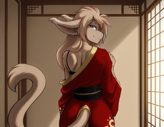 anthro asian_clothing bra butt chinese_clothing clothing east_asian_clothing feline_tail female green_eyes kemono looking_at_viewer looking_back rear_view solo underwear twokinds adelaide basitin jade_(disambiguation) hi_res