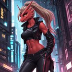 anthro athletic athletic_female avian blaziken blonde_hair breasts city city_background clothing crop_top cyberpunk female generation generation_3_pokemon glistening glistening_clothing hair hand_in_pocket leather leather_clothing looking_at_viewer makeup medium_breasts midriff navel neon_lights non-mammal_breasts pockets pokemon_(species) ponytail red_body red_skin rustingrust shirt smile solo topwear yellow_eyes