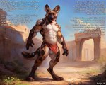 african_wild_dog anthro balls blue_eyes bottomwear bulge canid canine clothing genitals kaleb loincloth male mammal muscular muscular_male smile smiling_at_viewer solo text wetfur_(director)
