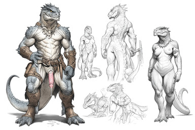 animal_genitalia anthro bodily_fluids breasts cloaca clocal_penis cum female genital_fluids genitals group male male/female hyperion lizardman reptile scalie sketch