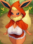 anthro big_breasts black_sclera bottomwear breasts cleavage clothed clothing cosplay female frilly frilly_clothing fur grass hooded_cloak looking_at_viewer multicolored_body multicolored_fur nature orange_body orange_fur outside path plant pupils red_bottomwear red_cape red_clothing red_hood red_skirt shirt skirt solo thick_thighs topwear tree tuft two_tone_body two_tone_fur white_clothing white_pupils white_shirt white_topwear yellow_body yellow_fur yellow_tail primairinalover little_red_riding_hood eeveelution flareon generation_1_pokemon pokemon_(species) hi_res portrait three-quarter_portrait