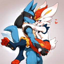 animal_genitalia animal_penis anthro anthro_on_anthro balls blue_body blue_fur blush bodily_fluids breasts claws duo encourage feet female fur genital_fluids genitals hand_on_butt heart_symbol male male/female nude pawpads paws penis penis_tip persuade precum red_eyes sex sheath soles stand_and_carry_position standing standing_sex tail tail_motion tailwag toes white_body k01 nintendo pokemon cinderace generation_4_pokemon generation_8_pokemon lucario mammal pokemon_(species) hi_res