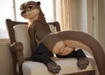 4_toes anthro anus black_clothing black_legwear black_thigh_highs clothing feet female fluffy_fur genitals kneeling legwear looking_at_viewer pawpads paws presenting pussy rear_view solo tail thigh_highs toes yellow_eyes anonymous_director lutrine mammal mustelid hi_res