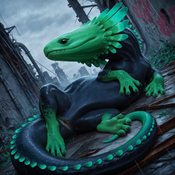 ambiguous_gender anatomically_correct anatomically_correct_genitalia animal_genitalia black_body black_eyes black_scales claws cloaca detailed_background dutch_angle feral frill_(anatomy) genitals graffiti green_body green_head green_scales head_crest head_frill horizontal_cloaca industrial industrial_setting looking_at_viewer lying on_side outside overcast pipe plant presenting presenting_cloaca raining ruins scales sky solo tail wet echselon rain_world videocult green_lizard_(rain_world) lizard lizard_(rain_world) reptile scalie full-length_portrait hi_res portrait