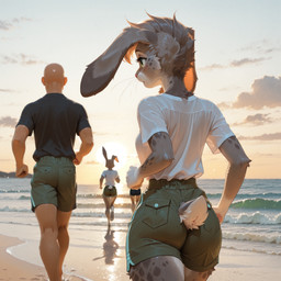 anthro beach bottomwear clothing cloud female floppy_ears fur green_bottomwear green_clothing green_eyes green_shorts grey_body grey_fur group jogging male male/female mountains rabbit_nose running sand scut_tail sea seaside shirt short_tail shorts spots spotted_body spotted_fur sunset surf tail topwear water wave wet wet_clothing wet_shirt wet_topwear whiskers white_clothing white_shirt white_topwear wind pgfalcon seafoam human humanoid lagomorph leporid mammal rabbit invalid_tag absurd_res hi_res