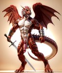 abs anthro balls bodily_fluids claws cum cum_string dragon_tail dragon_wings fangs feathers fur genital_fluids genitals herm horn intersex maleherm melee_weapon navel nipples open_mouth penis piercing precum pussy ridged_penis ring ring_piercing scales simple_background smile solo sword tongue tongue_out weapon wings wolfs-chaser dragon feathered_dragon furred_dragon hybrid reptile scalie hi_res