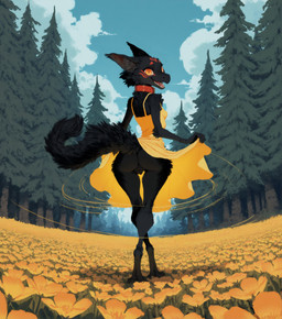 animal_genitalia animal_pussy anthro balls biped black_body black_fur breasts butt canine_genitalia canine_pussy clothed clothing clothing_lift cloud collar day detailed_background digitigrade dress dress_lift female flower forest fur genitals looking_at_viewer looking_back looking_back_at_viewer markings no_underwear open_mouth outside panties panties_down partially_clothed plant presenting presenting_hindquarters presenting_pussy pupils pussy rear_view sky smile solo standing sundress tail teeth thigh_gap tree tuft underwear underwear_down upskirt wide_hips yellow_clothing yellow_dress yellow_eyes anotheranon cookie_(anotheranon) furred_kobold furred_scalie kobold mammal scalie absurd_res hi_res