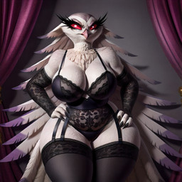 anthro big_breasts breasts female solo thick_thighs surikat helluva_boss stella_(helluva_boss) avian bird demon hybrid owl owl_demon