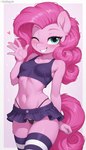 <3 anthro blue_eyes blush bottomwear breasts clothed clothing crop_top curled_hair curled_tail female fur hair legwear long_hair long_tail looking_at_viewer miniskirt narrowed_eyes navel one_eye_closed panties pattern_clothing pink_body pink_fur pink_hair shirt simple_background skirt small_breasts smile solo striped_clothing stripes thigh_highs thong topwear tuft underwear wink kaltingale_(director) friendship_is_magic my_little_pony pinkie_pie_(mlp) equid equine horse mammal pony hi_res
