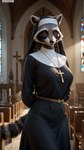 animal_ears animal_nose anthro body_fur braided_hair breasts church cross cross_necklace crucifix female female_anthro hair hands_behind_back inside jewelry necklace nun nun_habit photorealism photorealistic realistic snout solo stable_diffusion yiffyjiffy2 mammal procyonid raccoon hi_res watermark