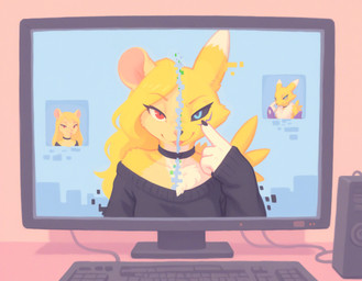black_choker black_clothing black_jewelry black_necklace black_sclera black_topwear blep blonde_hair blue_eyes breasts chest_tuft choker claws clothed clothing computer computer_monitor computer_mouse electronics female finger_claws fingers fur gesture hair heterochromia humor jewelry keyboard long_hair looking_at_viewer monitor necklace off_shoulder pointing pointing_at_self red_eyes smile solo sweater tongue tongue_out topwear tuft white_body white_fur yellow_body yellow_fur verbotenvertex digimon mila_minx canid canine digimon_(species) hybrid mammal mouse murid murine renamon rodent hi_res