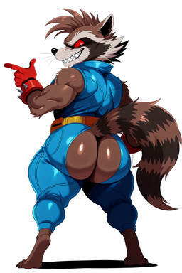 anthro belt big_butt blue_clothing brown_body butt clothing fur gloves grin handwear jumpsuit looking_at_viewer male mohawk muscular muscular_male orange_clothing presenting presenting_hindquarters pupils rear_view red_clothing red_eyes red_gloves red_handwear red_sclera short_stack simple_background slit_pupils smile solo tail thick_thighs white_background maxoggami guardians_of_the_galaxy marvel rocket_raccoon mammal procyonid raccoon absurd_res hi_res