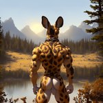 absurd_res anthro anus back backsack balls bumblebee95 butt collar detailed detailed_background detailed_fur forest genitals hi_res hyaenid lake male mammal mountains muscular muscular_anthro muscular_male outside perineum plant realistic rear_view sky solo sun tree water