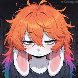 anthro blush blush_lines chest_tuft clothed clothing female fur gradient_hair green_eyes hair inside long_ears long_hair looking_at_viewer messy_hair narrowed_eyes orange_hair shirt solo tired tired_expression tired_eyes topwear tuft white_body white_fur kaltingale_(director) cindy_(kaltingale) lagomorph leporid mammal rabbit 1:1 hi_res portrait