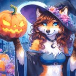 anthro breasts canid canine clothed clothing colorful director_sunshine female fox fully_clothed hair halloween hat headgear headwear jack-o'-lantern mammal neck_tuft skimpy smile solo tuft witch_hat