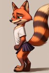 angry_puppy blush bottomwear canid canine clothing cub feral fox green_eyes looking_away looking_down male mammal nick_wilde open_mouth raised_tail shirt skirt solo topwear young zootopia