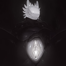 anthro black_body dark_background dim_lighting eyeless female genitals glowing glowing_genitalia glowing_head glowing_pussy presenting presenting_pussy pussy scales sitting solo spread_legs spread_pussy spreading tail whiskers artificer_(director) rain_world videocult black_lizard_(rain_world) lizard_(rain_world)